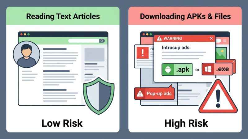 Comparison chart displaying safe reading habits versus risky file downloads on blogs.
