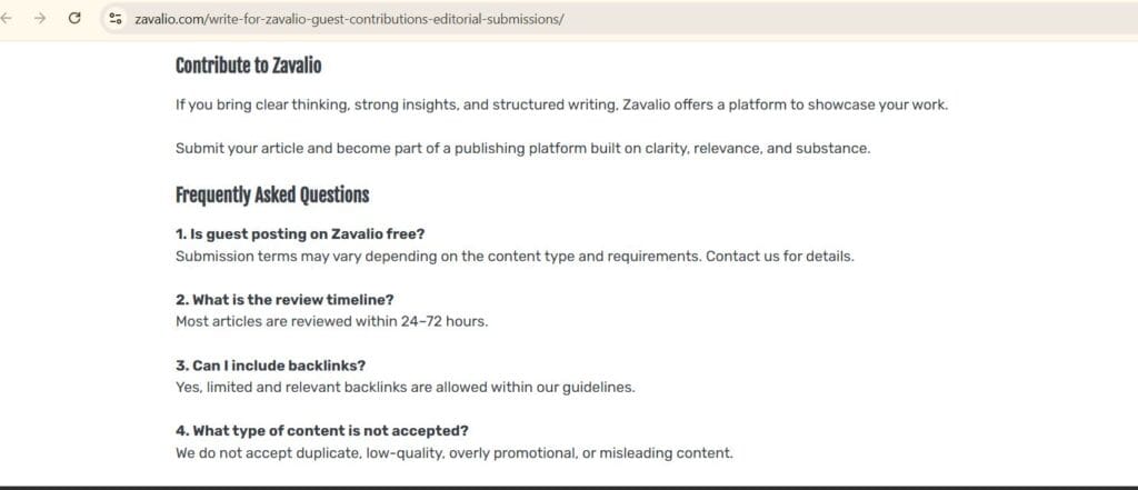 zavali com guest post submission faqs screenshot.