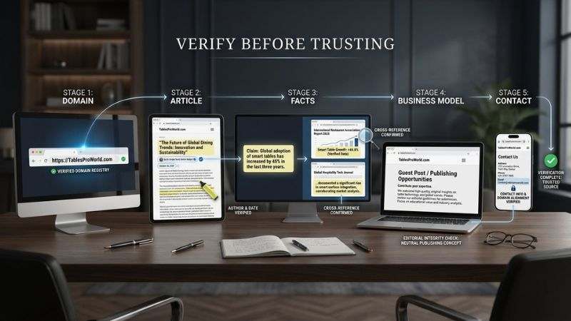 Five-step process for checking a website domain, article, sources, business model, and contact details