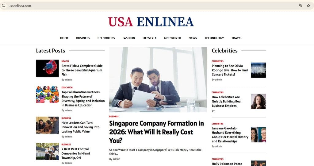 USAEnlinea.com homepage showing news, celebrity, business, health, and other content
