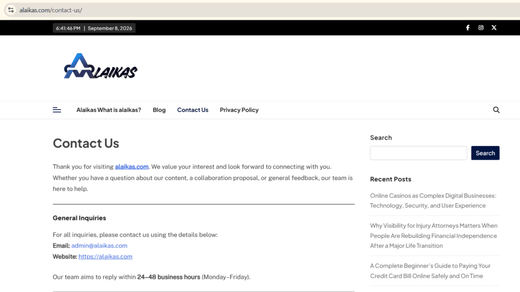 Alaikas.com Contact Us page screenshot