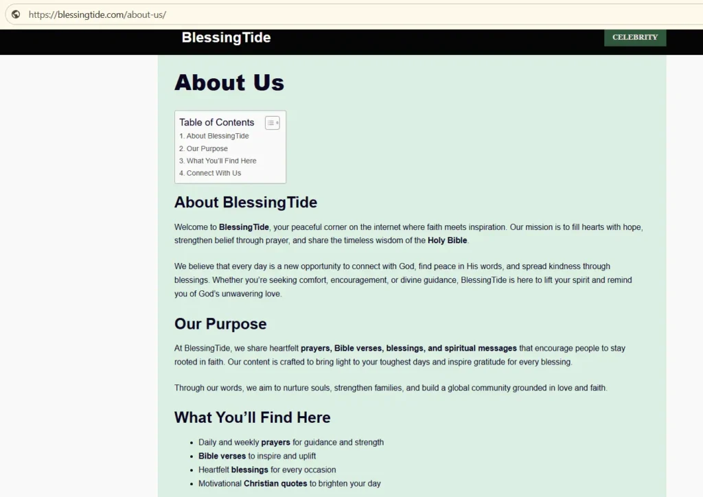 BlessingTide About Us page describing faith prayers Bible verses and blessings