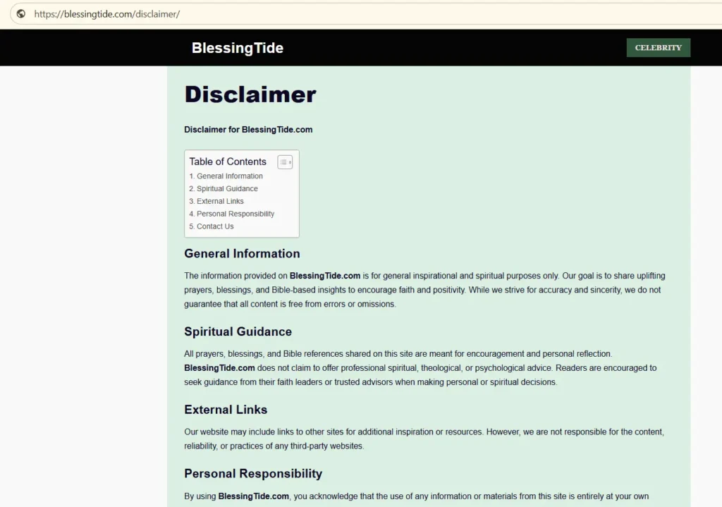BlessingTide disclaimer explaining general information and spiritual content limits