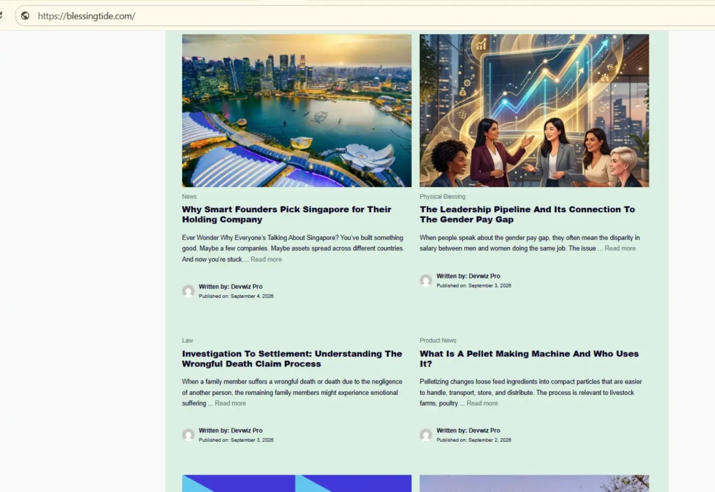 Blessingtide.com homepage showing current articles and content categories