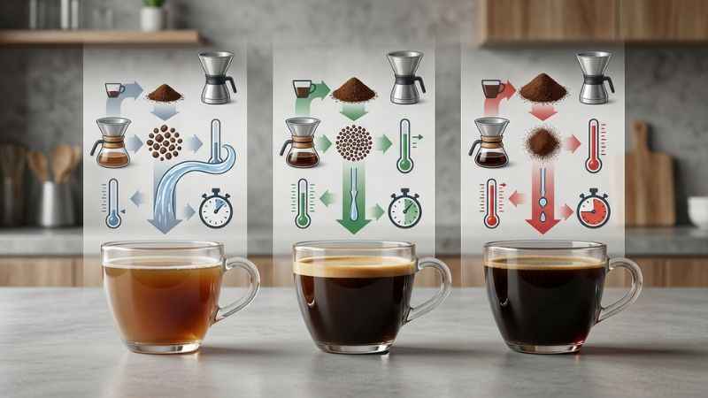 Coffee brewing guide showing weak balanced and bitter coffee outcomes
