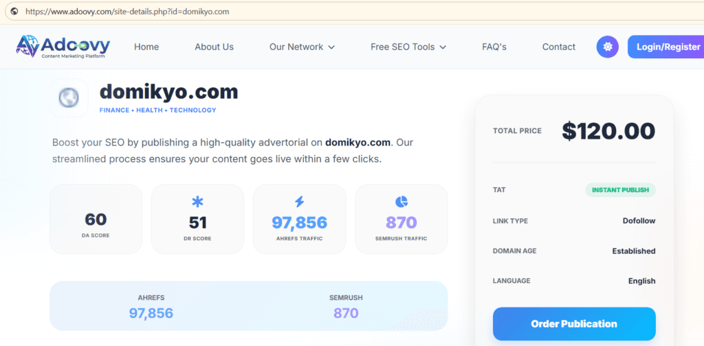 Adoovy listing for Domikyo.com showing DA 60, DR 51, Ahrefs traffic 97,856, and Semrush traffic 870