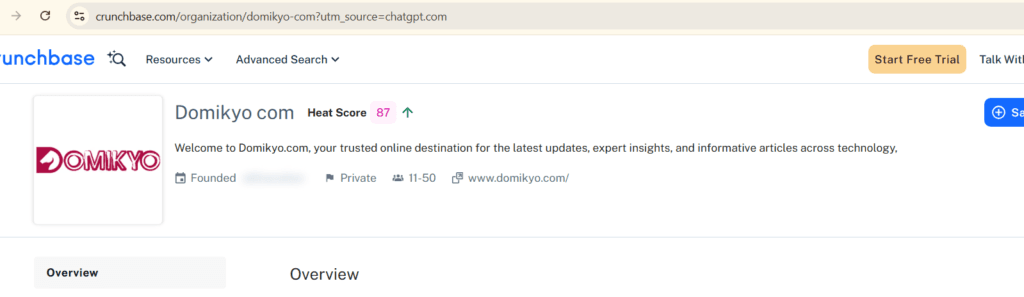 Crunchbase company profile for Domikyo com showing active private technology company
