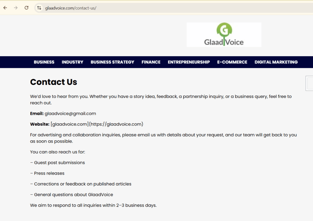 Glaadvoice.com contact page showing the official email and contact options