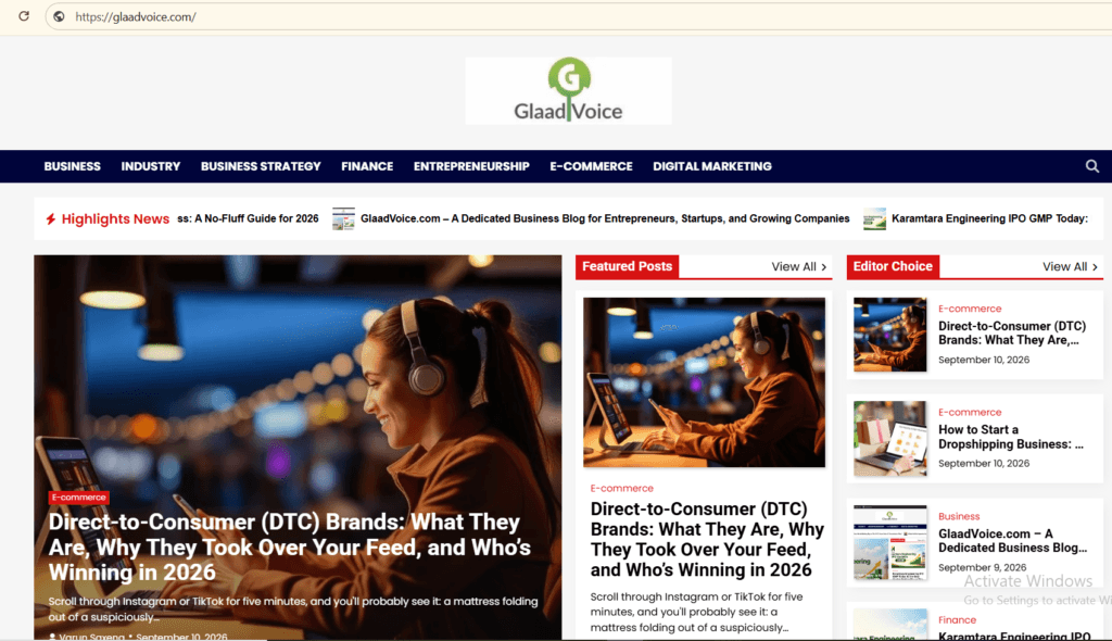 Glaadvoice.com homepage with Business, Industry, Finance, E-commerce, and Digital Marketing categories