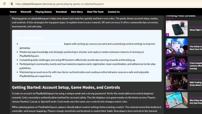 PlayBattleSquare Playing Games category showing gaming articles and content