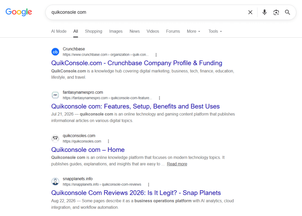 QuikConsole.com SERP showing search results for quikconsole com