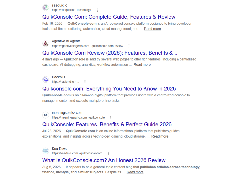 QuikConsole.com SERP showing additional search results for quikconsole com
