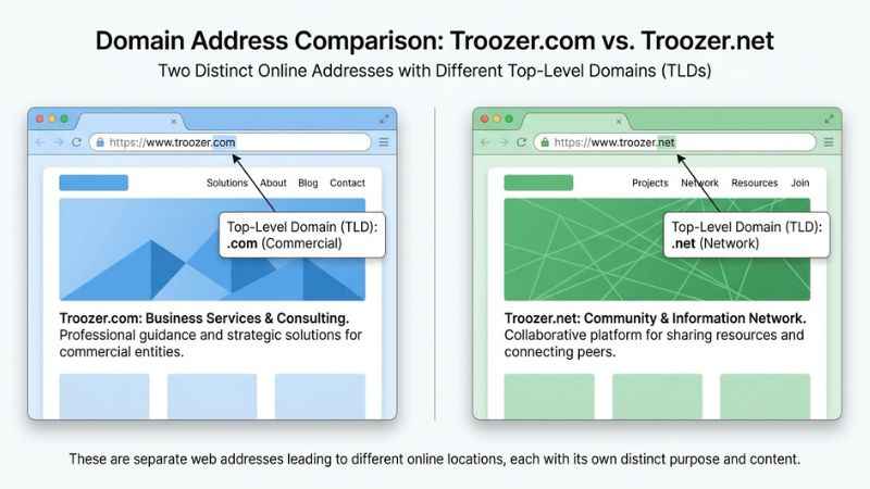 Comparison of Troozer.com and Troozer.net showing two separate website domains