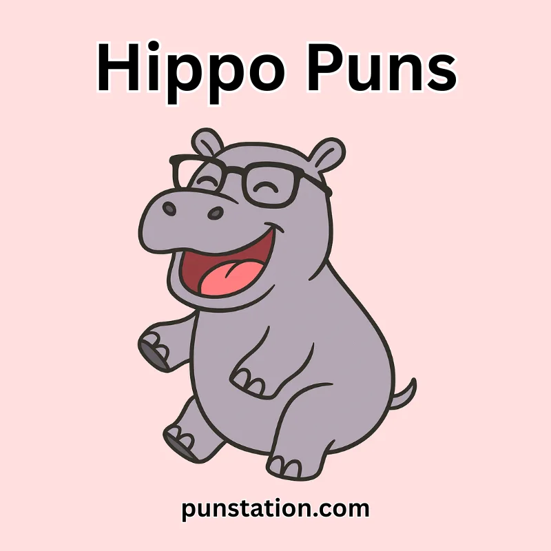 Cartoon hippo wearing glasses and laughing, perfect for hippo puns and jokes blog.