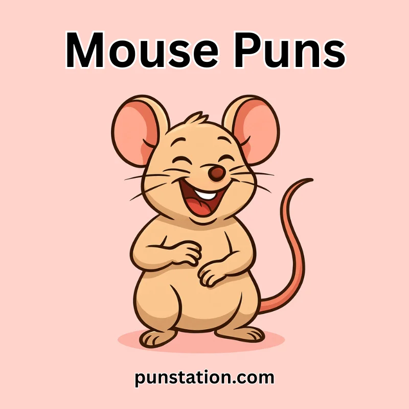 Laughing cartoon mouse on pink background for mouse puns.