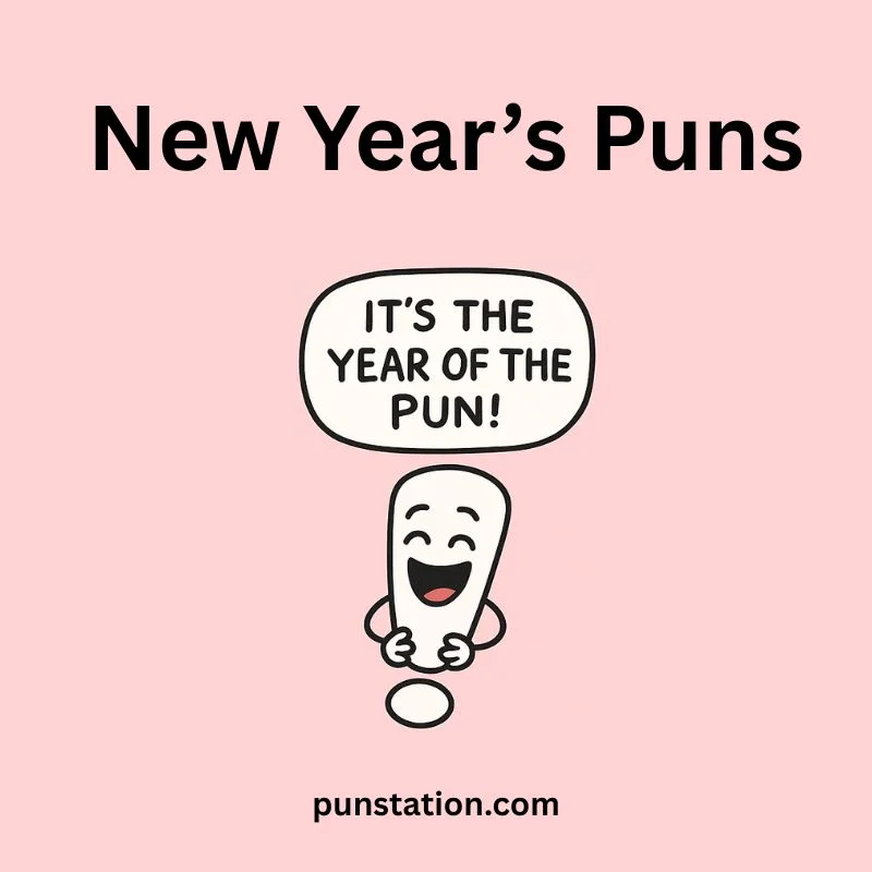 An exclamatory sign cartoon is laughing with funny comment under text New Year's Puns