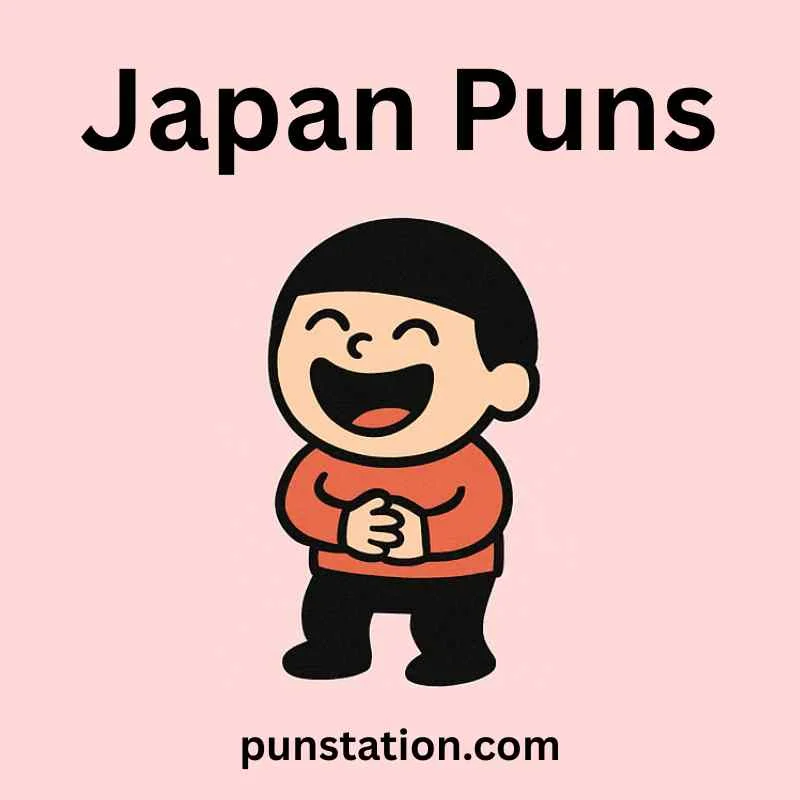 A cartoon of Japanese man is standing and laughing under text Japan Puns