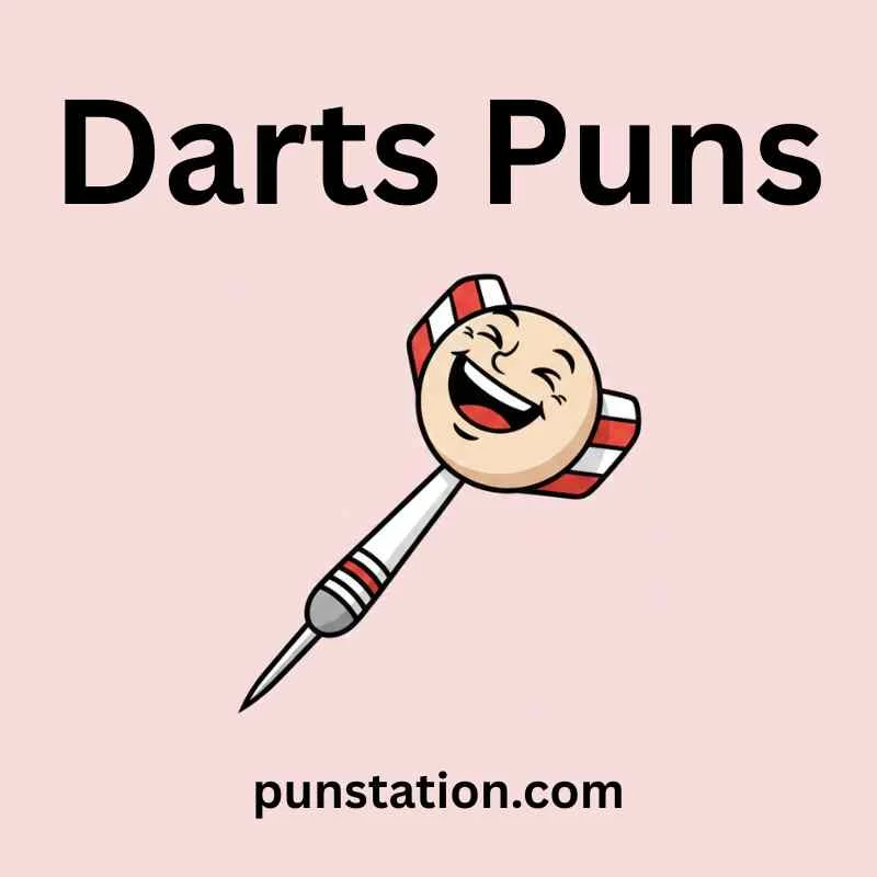 Funny Darts cartoon is laughing under text 'Darts Puns'