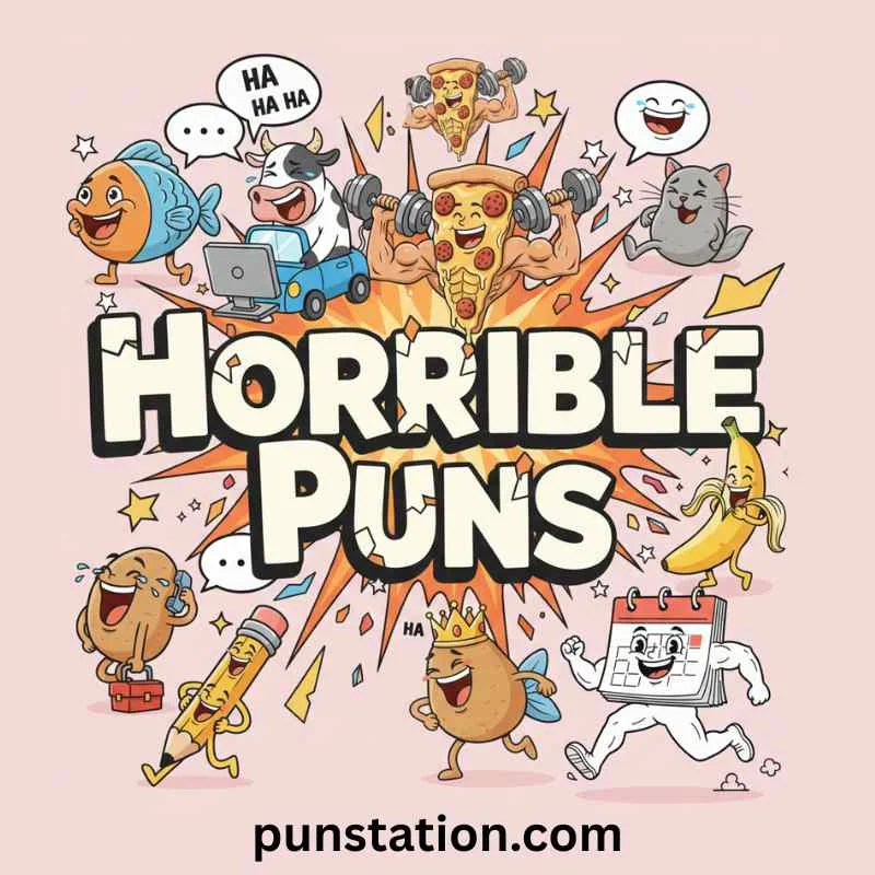 Cartoon characters bursting from horrible puns text, laughing, pink background.