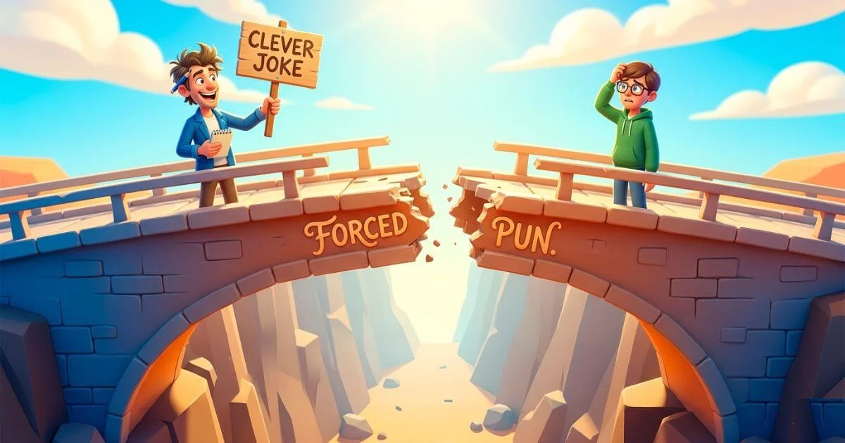 A 3D illustration of a writer and confused reader separated by a broken bridge, symbolizing forced pun writing mistakes.