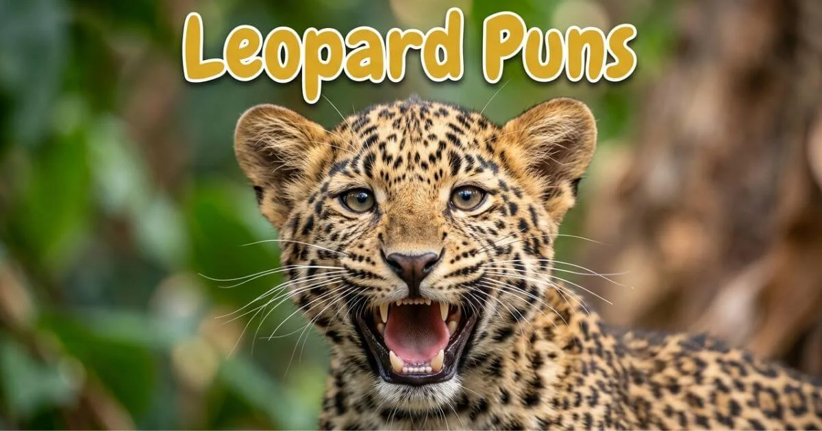 A happy leopard laughing with its spots prominently displayed, smiling directly at the camera under text 'Leopard Puns'