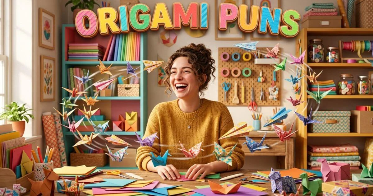 A joyful young woman laughing in a colorful craft room surrounded by flying origami cranes and a bold "Origami Puns" heading.