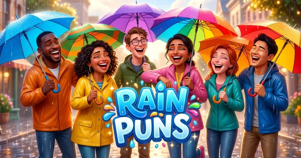 Group of people laughing in rain with Rain Puns text overlay.