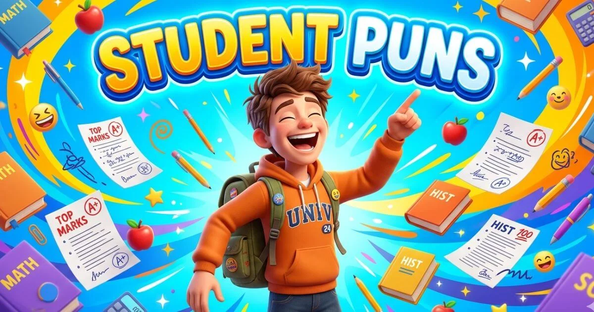 A funny cartoon style feature image titled Student Puns showing a joyful student character laughing with a pile of flying school books.