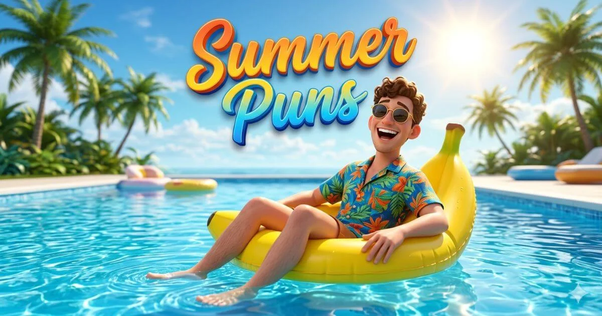 A professional 3D render of a laughing man enjoying a sunny day at the pool with the text 'Summer Puns'.